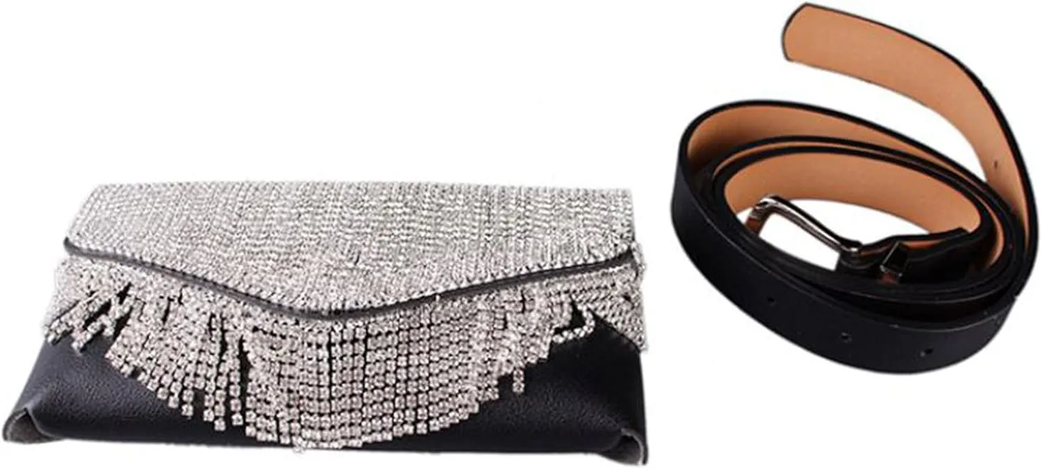 Lobagve Women Rhinestone PU Leather Fanny Pack Waist Bag Envelope Flap Clutch Cell Phone Purse Belt