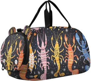 Lobsters Shrimp Stars Black Duffle Bag for Toddler Girls Boys, Gym Sports Bag with Shoe Compartments, Kids Travel Overnight Weekender Shoulder Bag