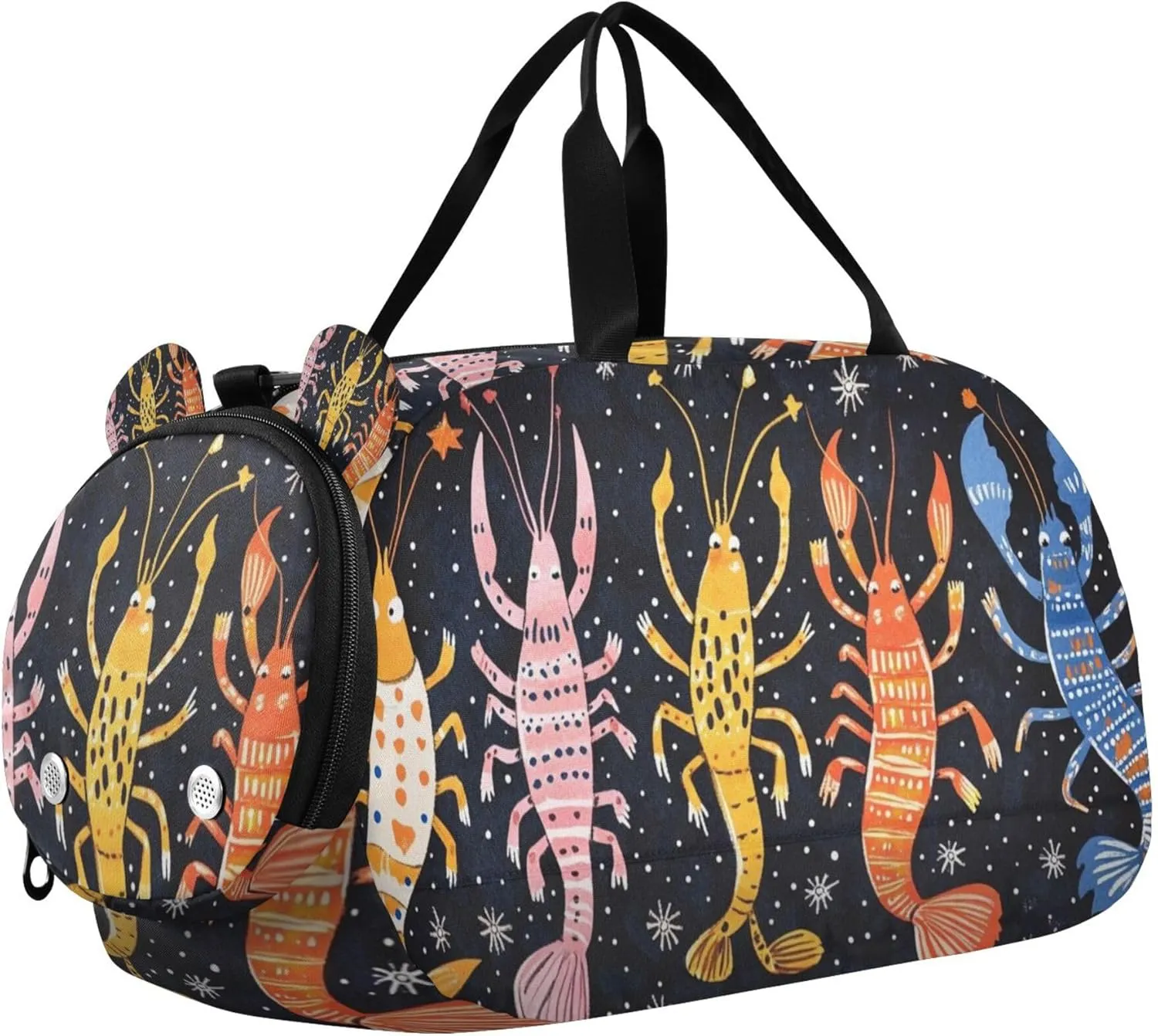Lobsters Shrimp Stars Black Duffle Bag for Toddler Girls Boys, Gym Sports Bag with Shoe Compartments, Kids Travel Overnight Weekender Shoulder Bag