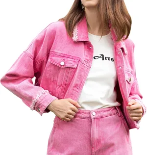 LONGBIDA Women's Jean Jacket Frayed Washed Button Up Cropped Denim Jacket With Pockets