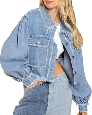 LONGBIDA Women's Jean Jacket Frayed Washed Button Up Cropped Denim Jacket With Pockets
