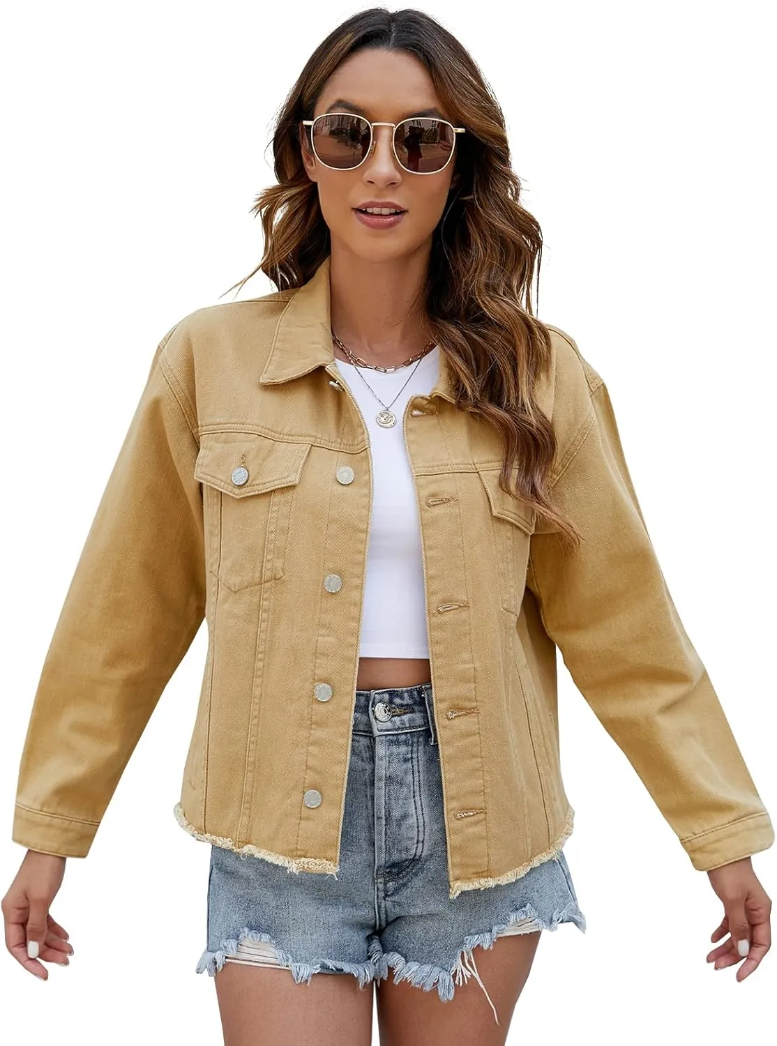 LONGBIDA Women's Jean Jacket Frayed Washed Button Up Cropped Denim Jacket With Pockets