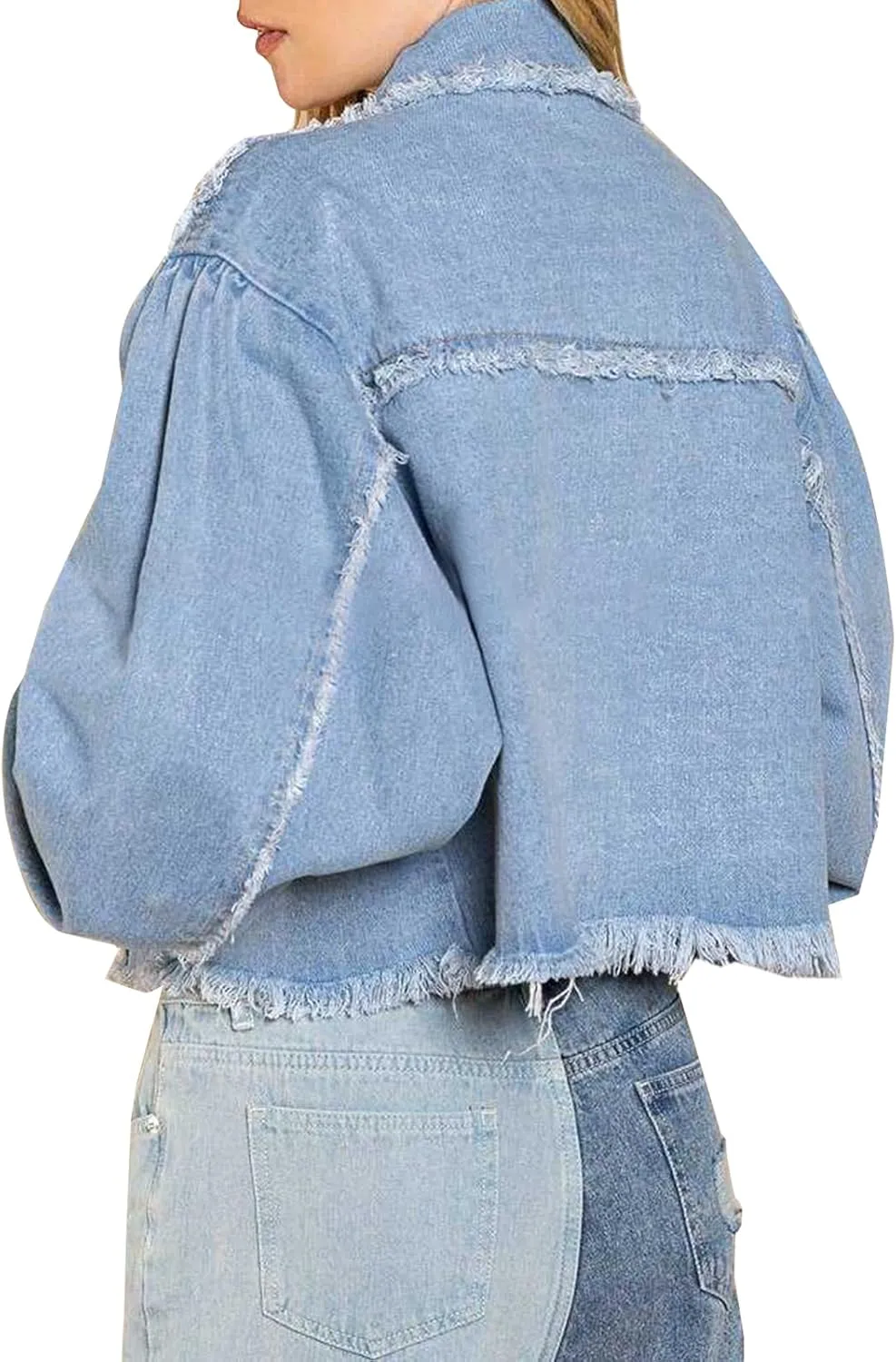 LONGBIDA Women's Jean Jacket Frayed Washed Button Up Cropped Denim Jacket With Pockets