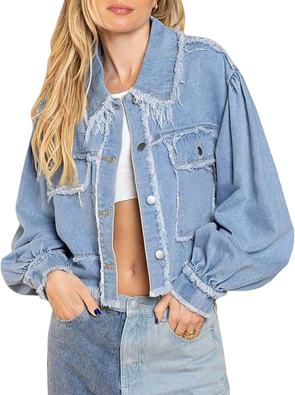 LONGBIDA Women's Jean Jacket Frayed Washed Button Up Cropped Denim Jacket With Pockets