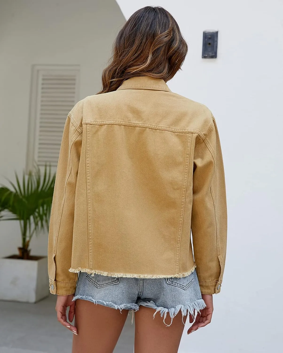 LONGBIDA Women's Jean Jacket Frayed Washed Button Up Cropped Denim Jacket With Pockets