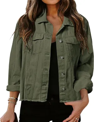 LONGBIDA Women's Jean Jacket Frayed Washed Button Up Cropped Denim Jacket With Pockets