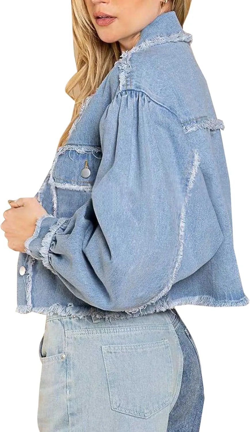 LONGBIDA Women's Jean Jacket Frayed Washed Button Up Cropped Denim Jacket With Pockets