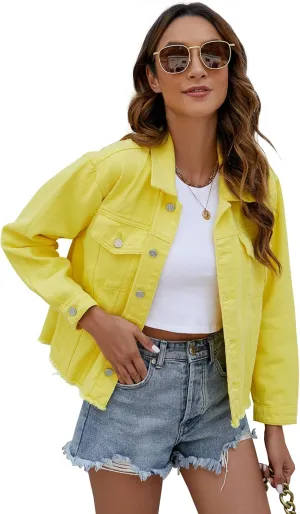 LONGBIDA Women's Jean Jacket Frayed Washed Button Up Cropped Denim Jacket With Pockets