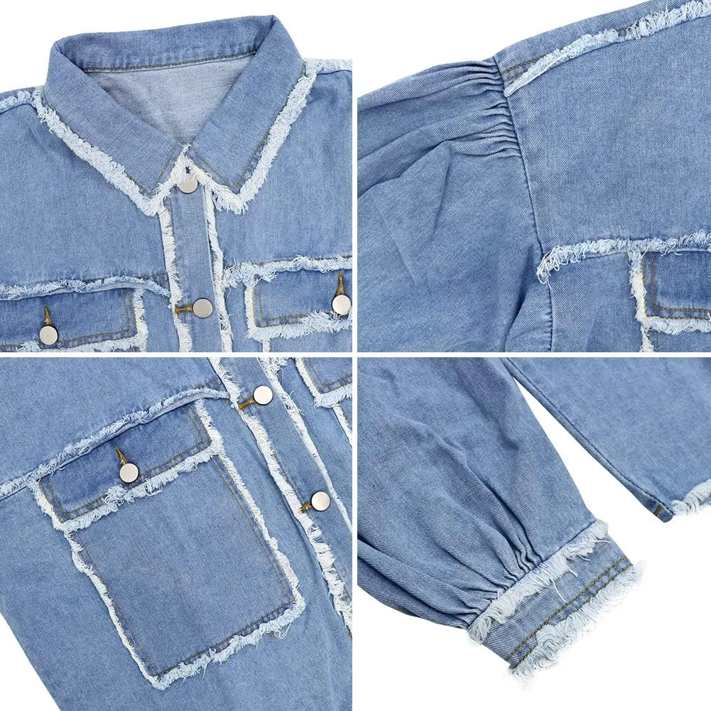 LONGBIDA Women's Jean Jacket Frayed Washed Button Up Cropped Denim Jacket With Pockets