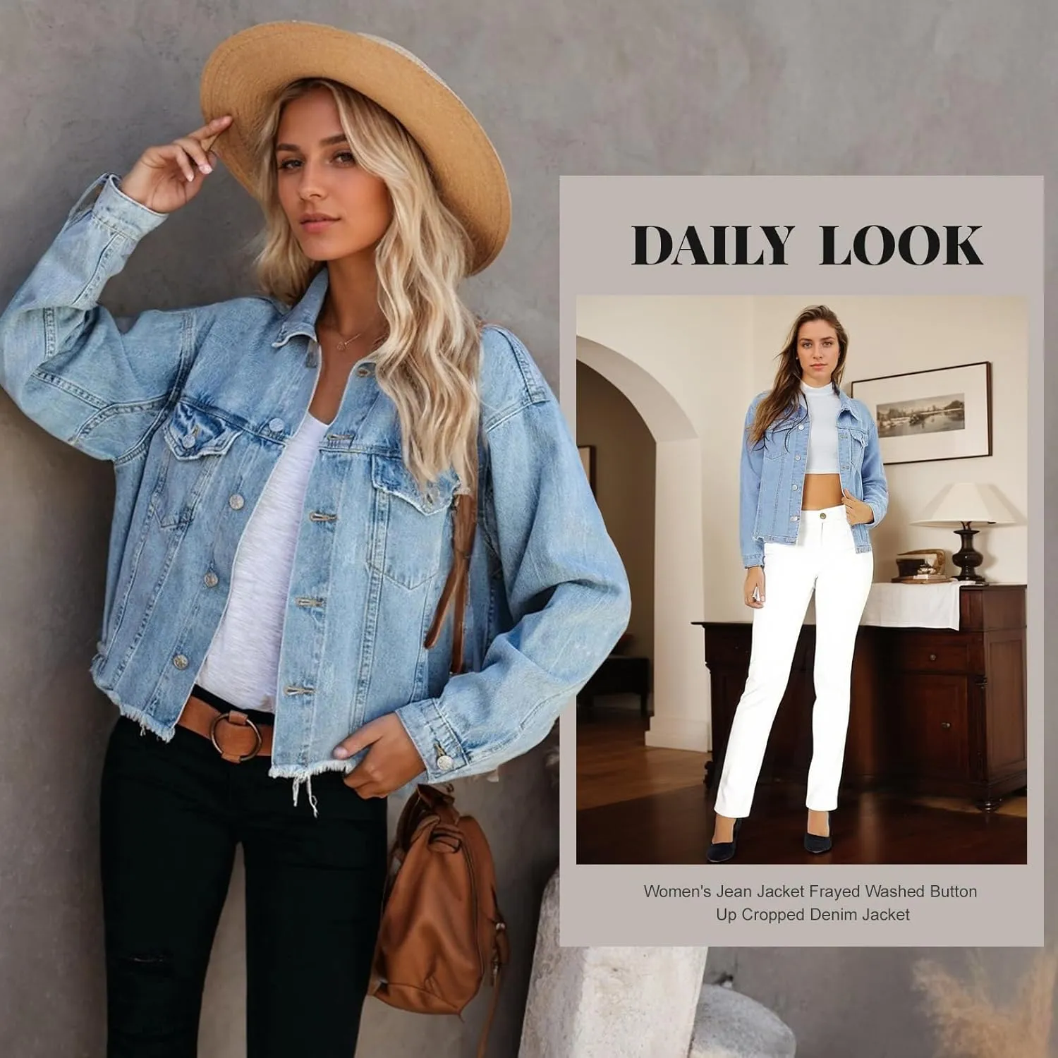 LONGBIDA Women's Jean Jacket Frayed Washed Button Up Cropped Denim Jacket With Pockets