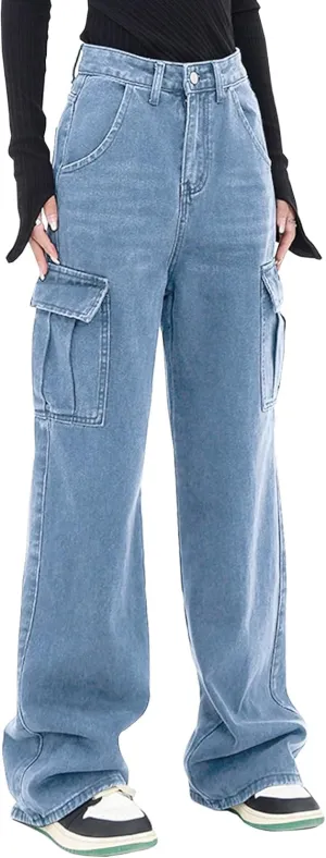 LONGYIDA Women's High Waisted Cargo Jeans Straight Wide Leg Stretch Baggy Jean Y2K Casual Loose Denim Cargo Pants Trousers