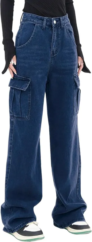LONGYIDA Women's High Waisted Cargo Jeans Straight Wide Leg Stretch Baggy Jean Y2K Casual Loose Denim Cargo Pants Trousers