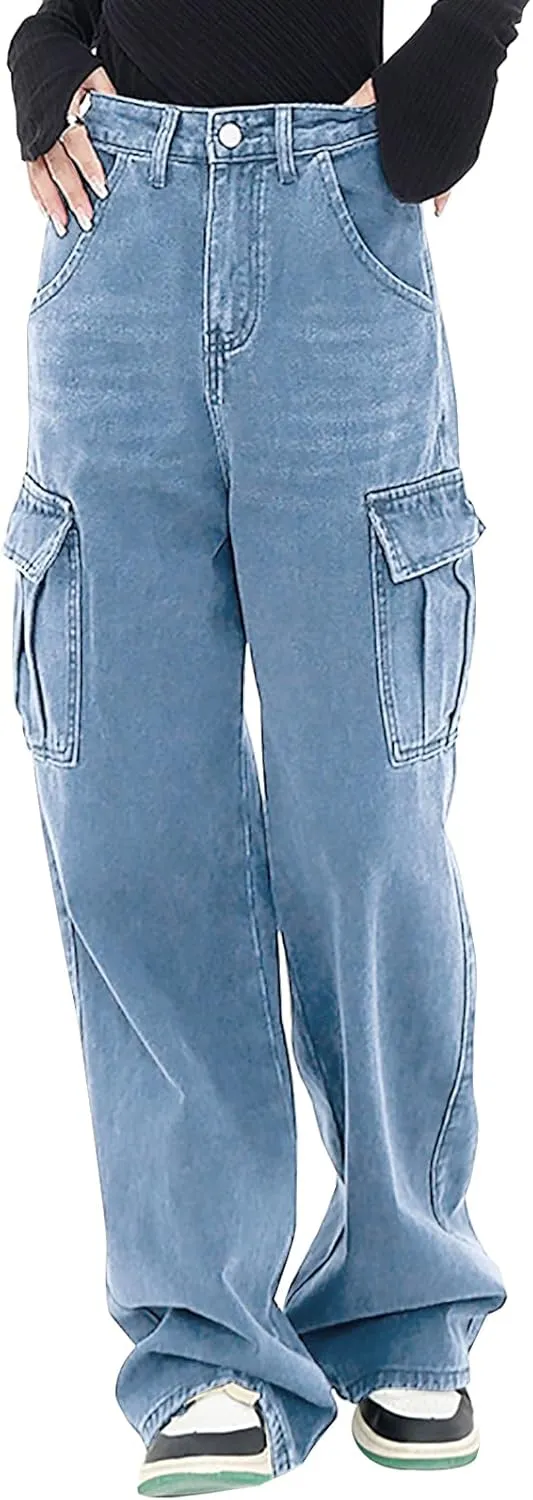 LONGYIDA Women's High Waisted Cargo Jeans Straight Wide Leg Stretch Baggy Jean Y2K Casual Loose Denim Cargo Pants Trousers