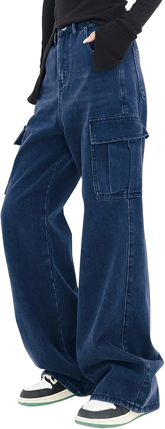 LONGYIDA Women's High Waisted Cargo Jeans Straight Wide Leg Stretch Baggy Jean Y2K Casual Loose Denim Cargo Pants Trousers