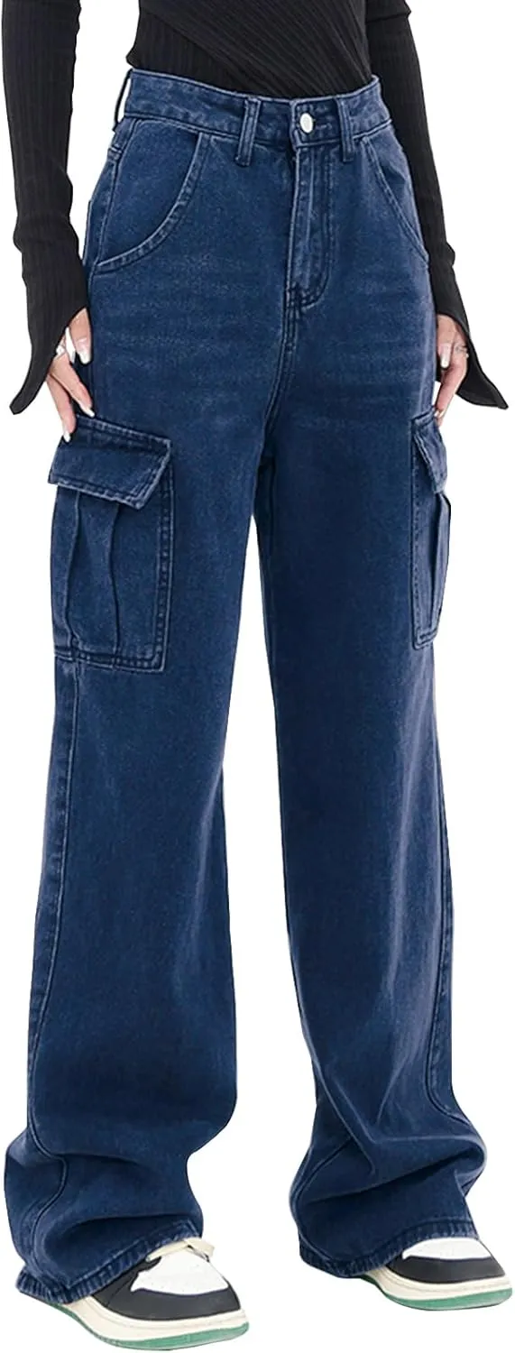 LONGYIDA Women's High Waisted Cargo Jeans Straight Wide Leg Stretch Baggy Jean Y2K Casual Loose Denim Cargo Pants Trousers