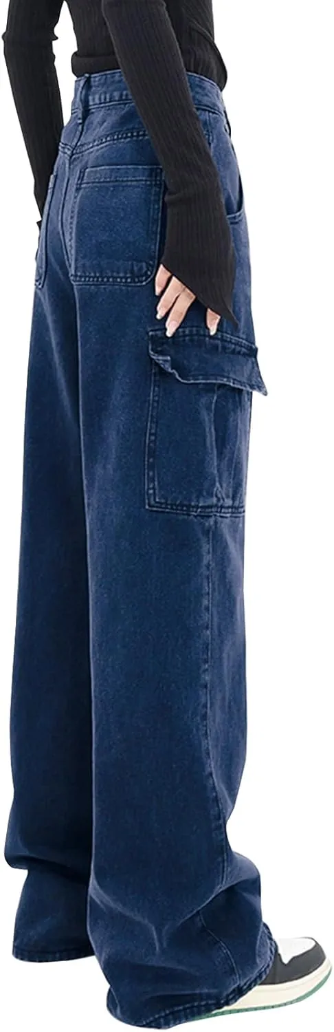 LONGYIDA Women's High Waisted Cargo Jeans Straight Wide Leg Stretch Baggy Jean Y2K Casual Loose Denim Cargo Pants Trousers