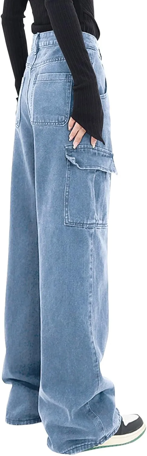LONGYIDA Women's High Waisted Cargo Jeans Straight Wide Leg Stretch Baggy Jean Y2K Casual Loose Denim Cargo Pants Trousers