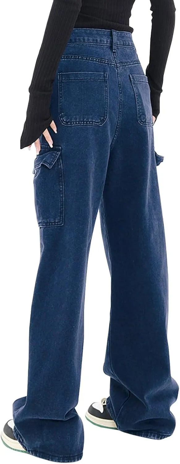 LONGYIDA Women's High Waisted Cargo Jeans Straight Wide Leg Stretch Baggy Jean Y2K Casual Loose Denim Cargo Pants Trousers