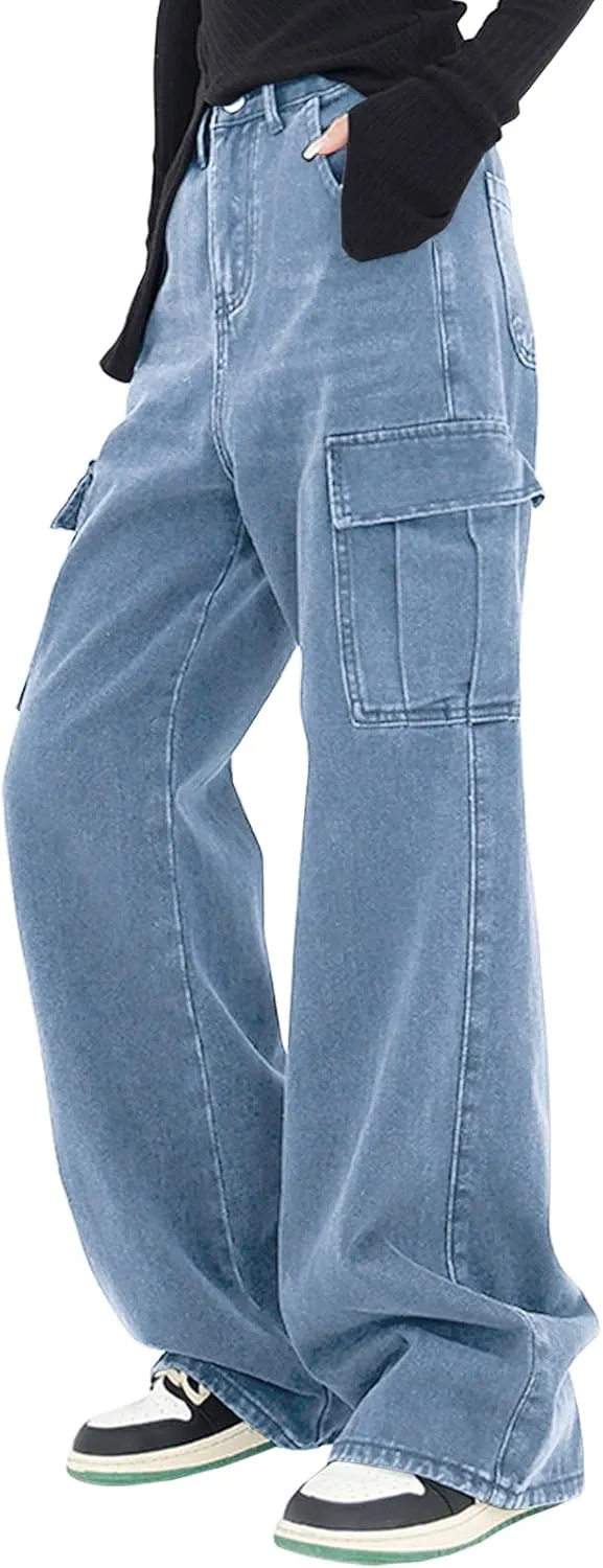LONGYIDA Women's High Waisted Cargo Jeans Straight Wide Leg Stretch Baggy Jean Y2K Casual Loose Denim Cargo Pants Trousers