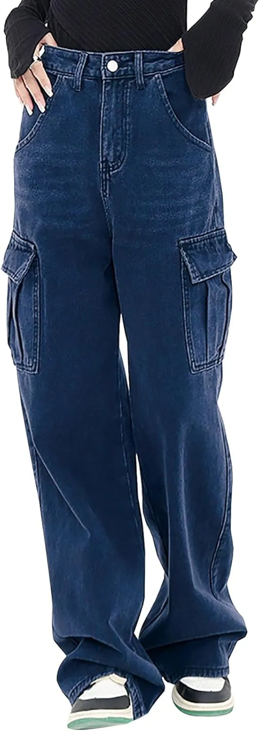 LONGYIDA Women's High Waisted Cargo Jeans Straight Wide Leg Stretch Baggy Jean Y2K Casual Loose Denim Cargo Pants Trousers