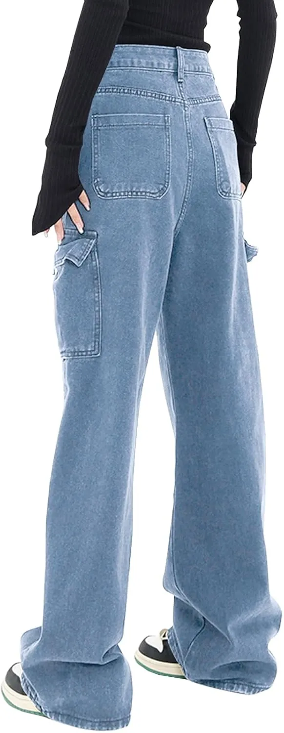 LONGYIDA Women's High Waisted Cargo Jeans Straight Wide Leg Stretch Baggy Jean Y2K Casual Loose Denim Cargo Pants Trousers