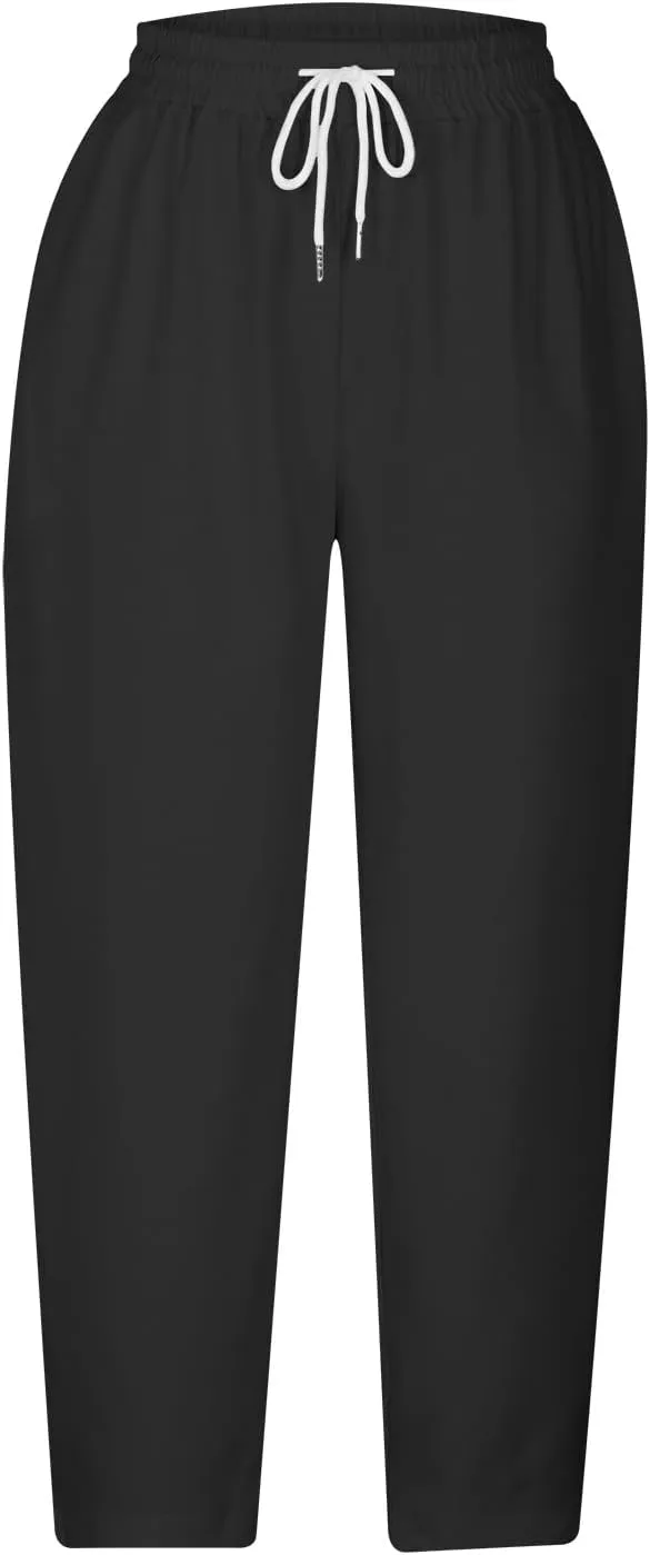 Loose Casual Harlan Pants for Women Drawstring Waist Wide Leg Lounge Pant Summer Casual Cropped Trousers with Pockets