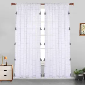 LORDTEX Handmade Tassels Sheer Curtains for Bedroom - Textured Faux Linen Curtains, Belgian Linen Light Filtering Back Tab and Rod Pocket Drapes for Living Room, 2 Panels, 52 x 63 inch, Light Grey