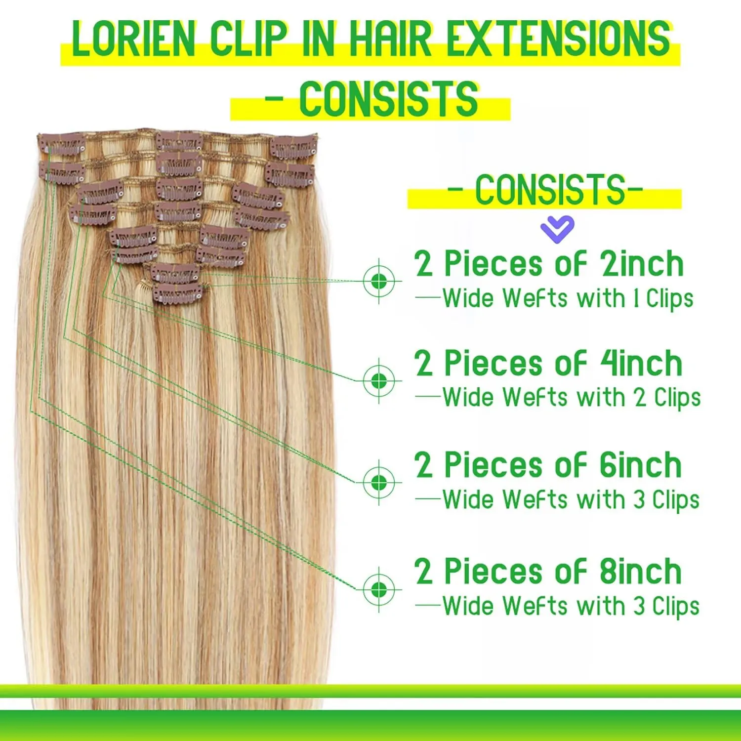 LORIEN Clip in Hair Extensions Real Human Hair, 14 Inch 80g, 18/613 Dark Blonde Highlighted Bleach Blonde, Clip in 100% Brazilian Remy Human Hair Extensions 8pcs Per Set with 18 Clips Double Weft