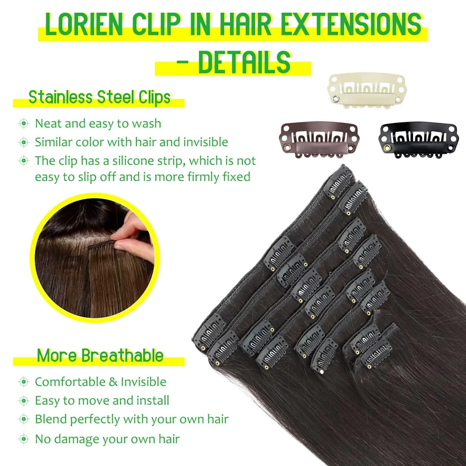 LORIEN Clip in Hair Extensions Real Human Hair, 14 Inch 80g, 1B Natural Black, Clip in 100% Brazilian Remy Human Hair Extensions 8pcs Per Set with 18 Clips Double Weft