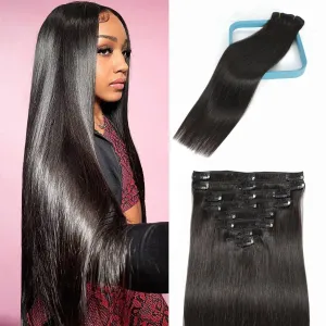 LORIEN Clip in Hair Extensions Real Human Hair, 14 Inch 80g, 1B Natural Black, Clip in 100% Brazilian Remy Human Hair Extensions 8pcs Per Set with 18 Clips Double Weft