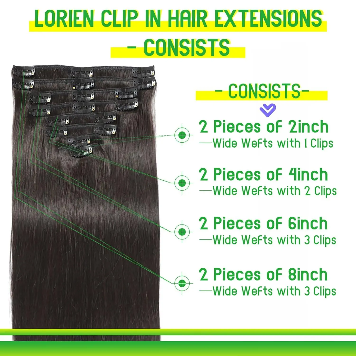 LORIEN Clip in Hair Extensions Real Human Hair, 14 Inch 80g, 1B Natural Black, Clip in 100% Brazilian Remy Human Hair Extensions 8pcs Per Set with 18 Clips Double Weft