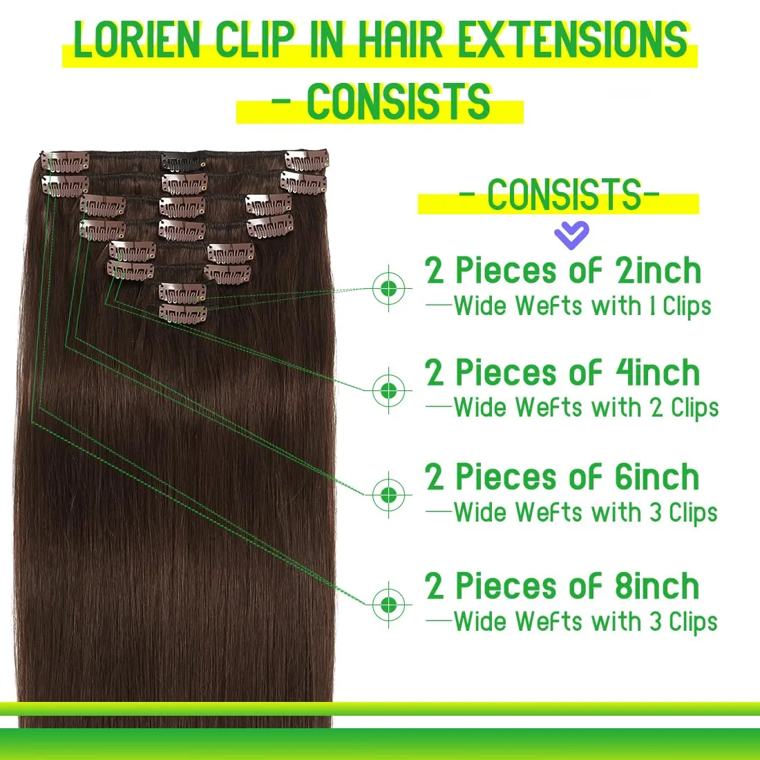 LORIEN Clip in Hair Extensions Real Human Hair, 18 Inch 100g, 4 Dark Brown, Clip in 100% Brazilian Remy Human Hair Extensions 8pcs Per Set with 18 Clips Double Weft