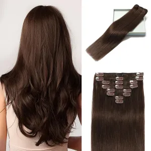 LORIEN Clip in Hair Extensions Real Human Hair, 18 Inch 100g, 4 Dark Brown, Clip in 100% Brazilian Remy Human Hair Extensions 8pcs Per Set with 18 Clips Double Weft