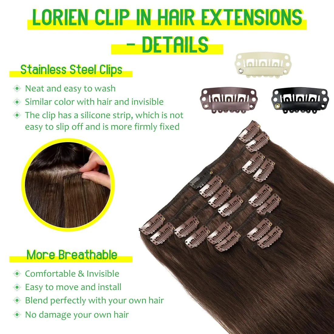 LORIEN Clip in Hair Extensions Real Human Hair, 18 Inch 100g, 4 Dark Brown, Clip in 100% Brazilian Remy Human Hair Extensions 8pcs Per Set with 18 Clips Double Weft