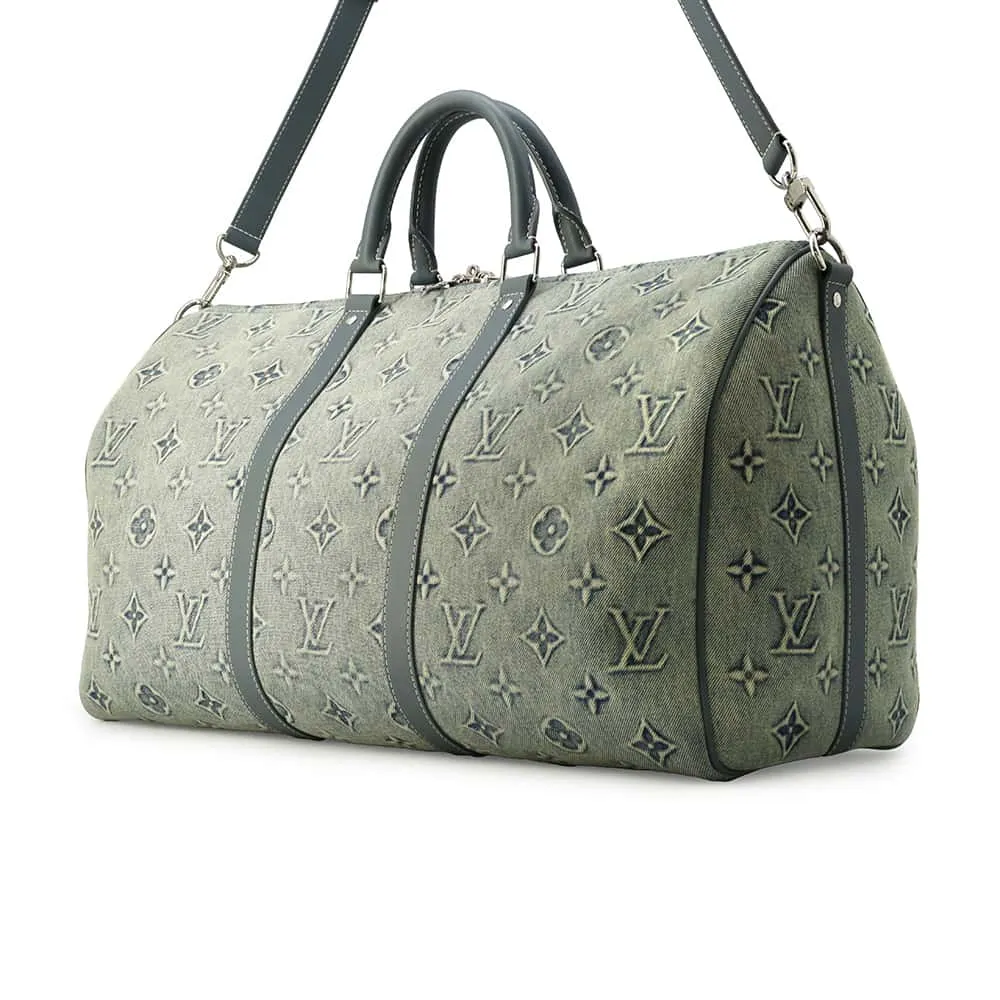 LOUIS VUITTON Keepall Bandouliere BlueM22532 Monogram Washed Denim Size 50
