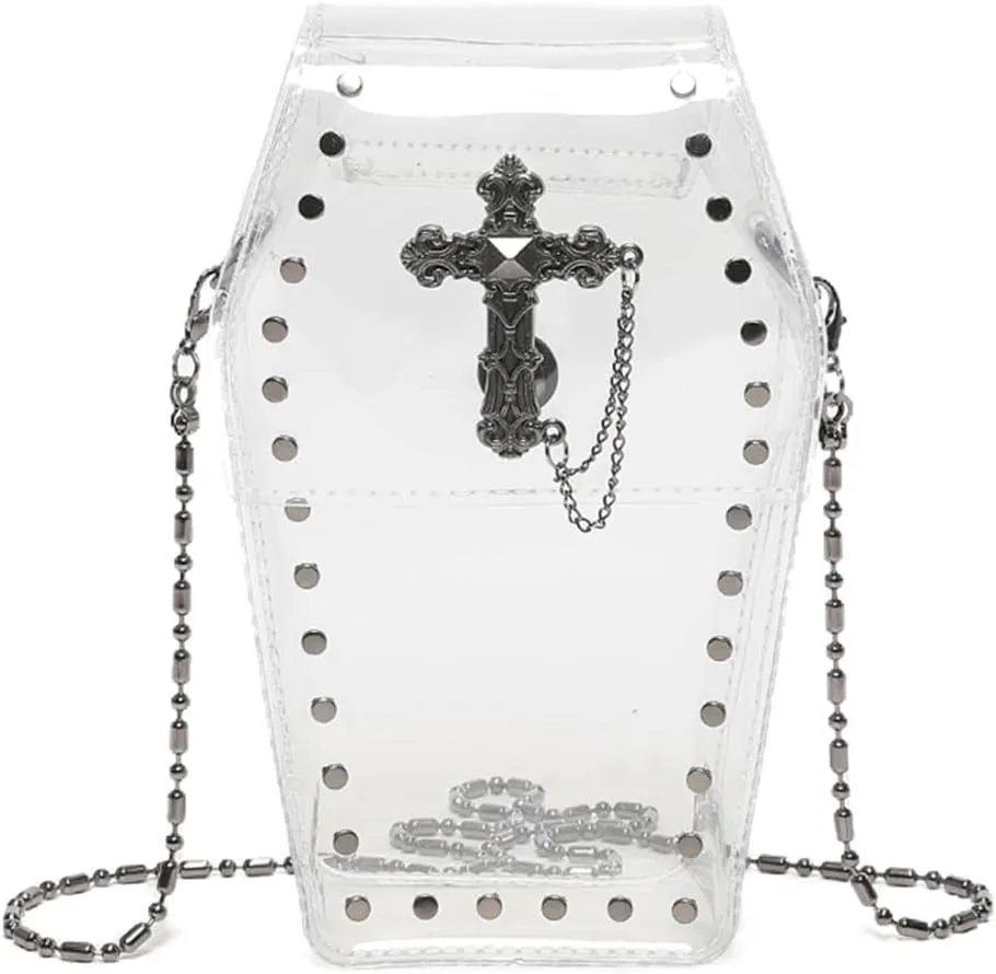 LovehomilyGothic Crossbody Bag for Women, Coffin Shaped Bag PVC Clear Jelly Satchel Bag Cross Coffin Sling Bag Stadium Approv