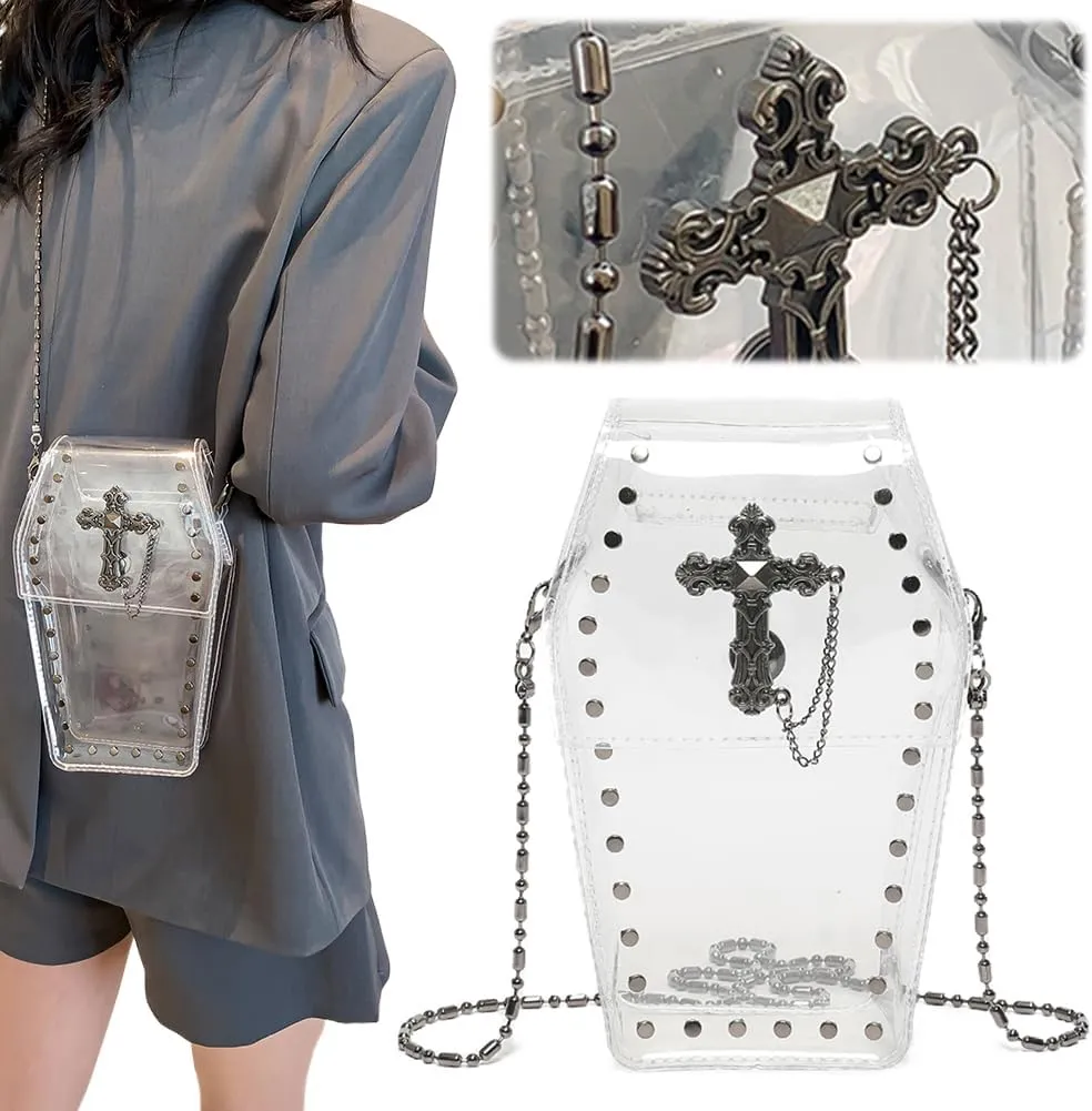 LovehomilyGothic Crossbody Bag for Women, Coffin Shaped Bag PVC Clear Jelly Satchel Bag Cross Coffin Sling Bag Stadium Approv