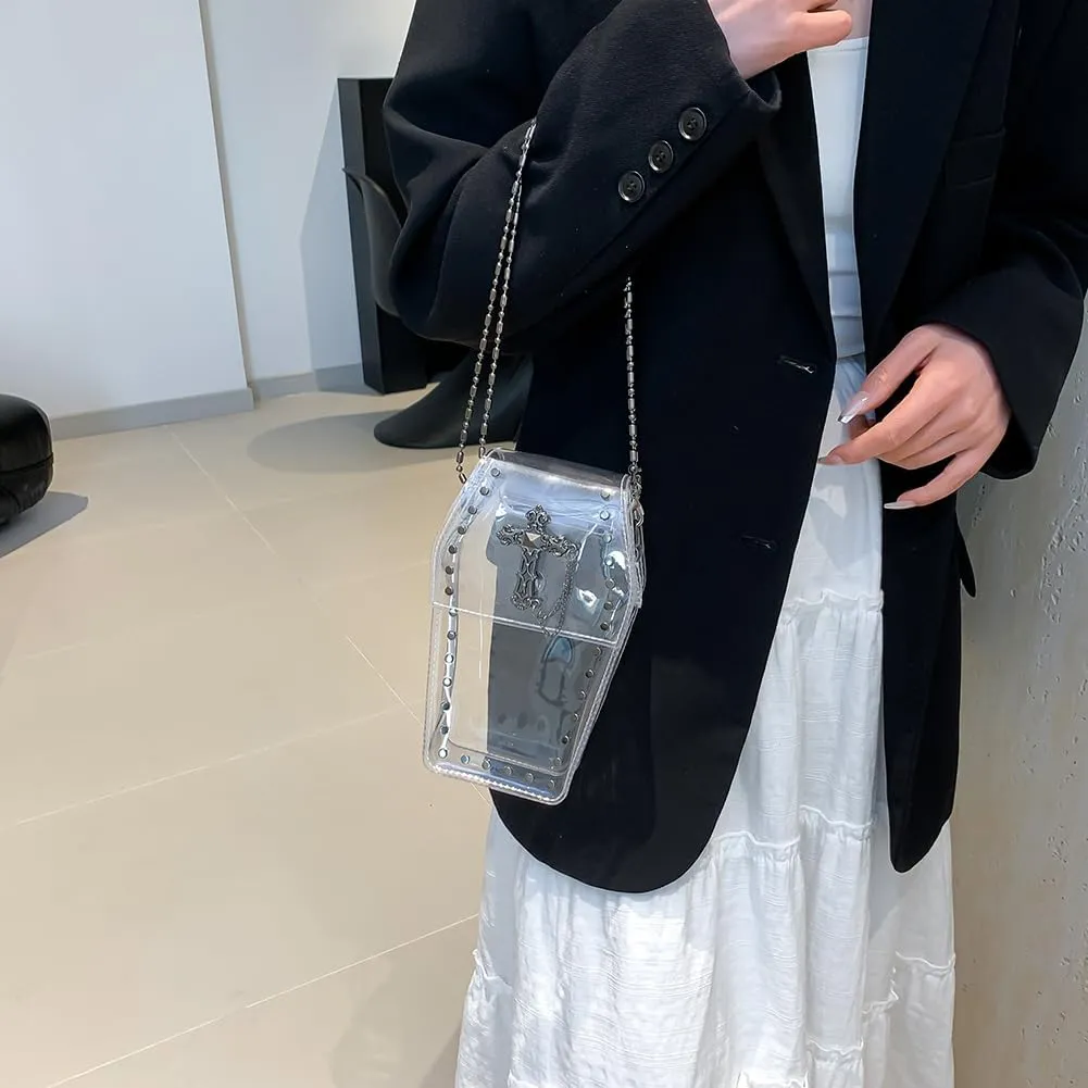 LovehomilyGothic Crossbody Bag for Women, Coffin Shaped Bag PVC Clear Jelly Satchel Bag Cross Coffin Sling Bag Stadium Approv