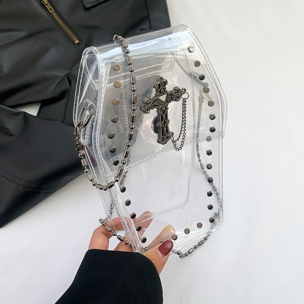 LovehomilyGothic Crossbody Bag for Women, Coffin Shaped Bag PVC Clear Jelly Satchel Bag Cross Coffin Sling Bag Stadium Approv