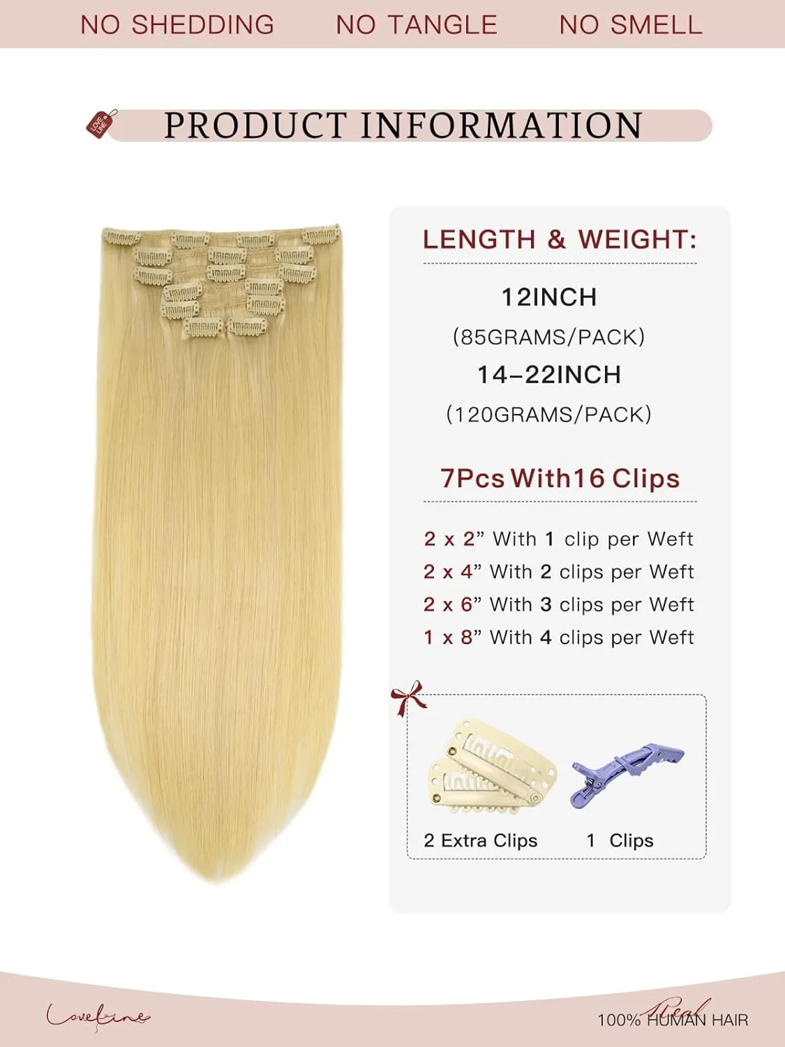 LOVELINE Clip in Hair Extensions Real Human Hair, 100% Remy Human Hair Extensions Clip Ins for Women, 7Pcs 20Inch 120g, Bleach Blonde