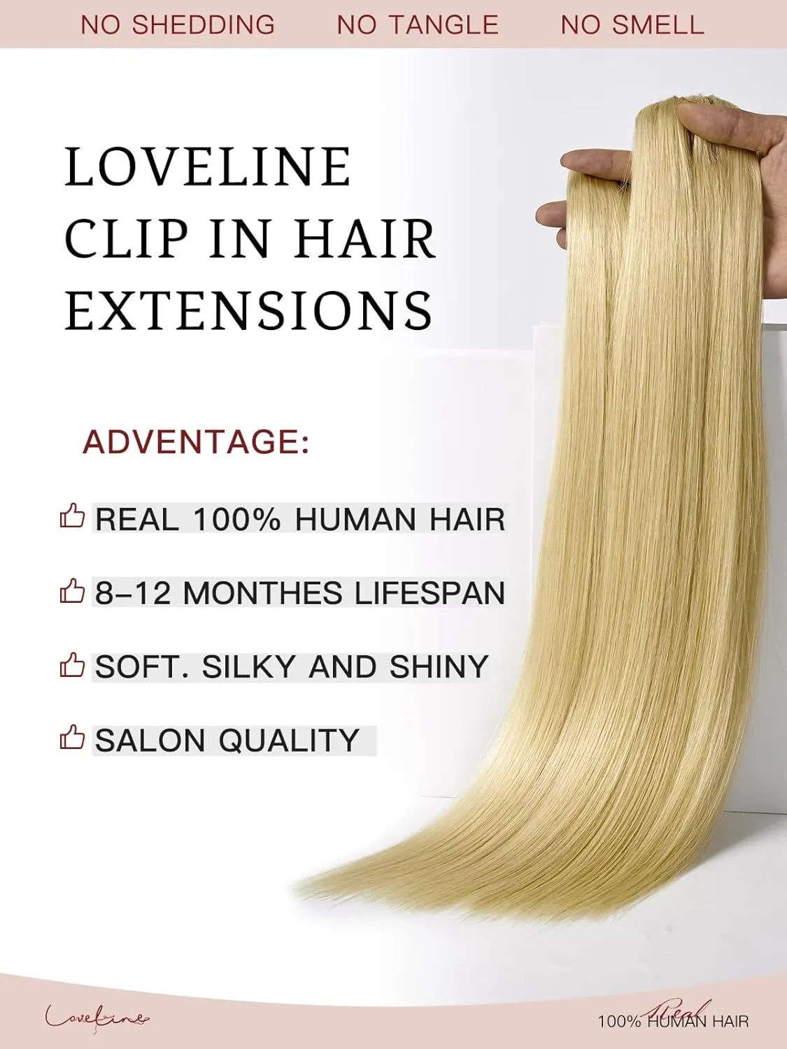 LOVELINE Clip in Hair Extensions Real Human Hair, 100% Remy Human Hair Extensions Clip Ins for Women, 7Pcs 20Inch 120g, Bleach Blonde