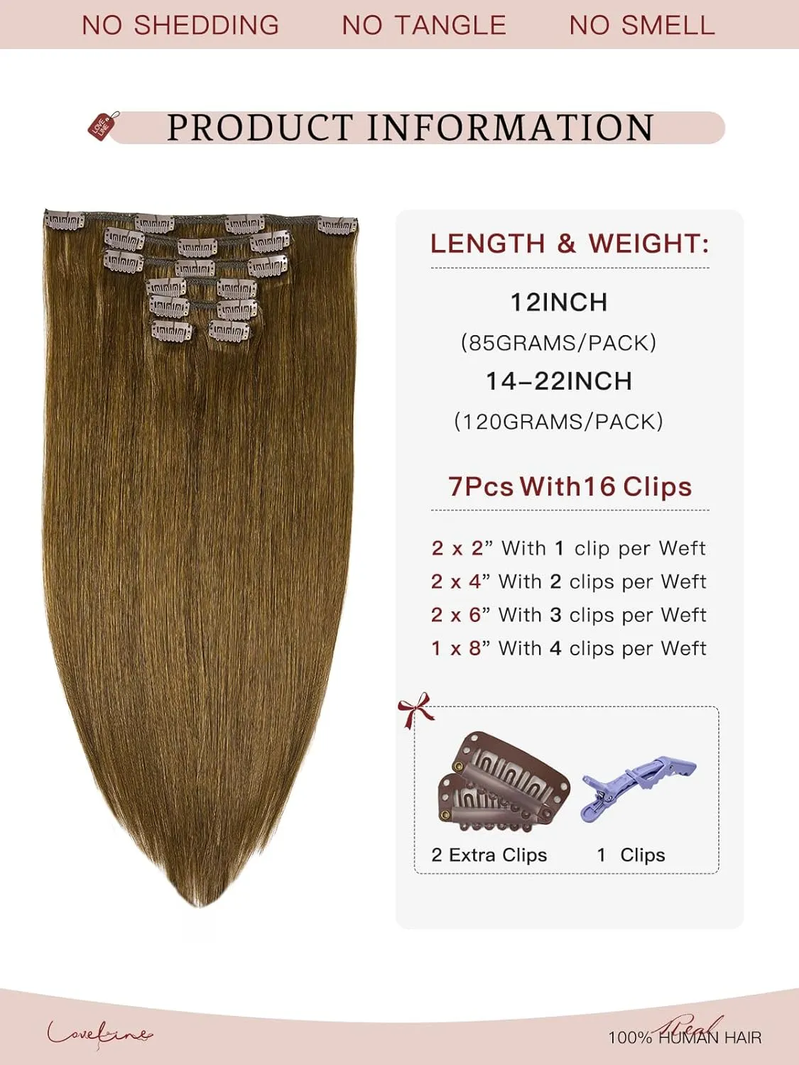 LOVELINE Clip in Hair Extensions Real Human Hair, 100% Remy Human Hair Extensions Clip Ins for Women, 7Pcs 20Inch 120g, Chocolate Brown