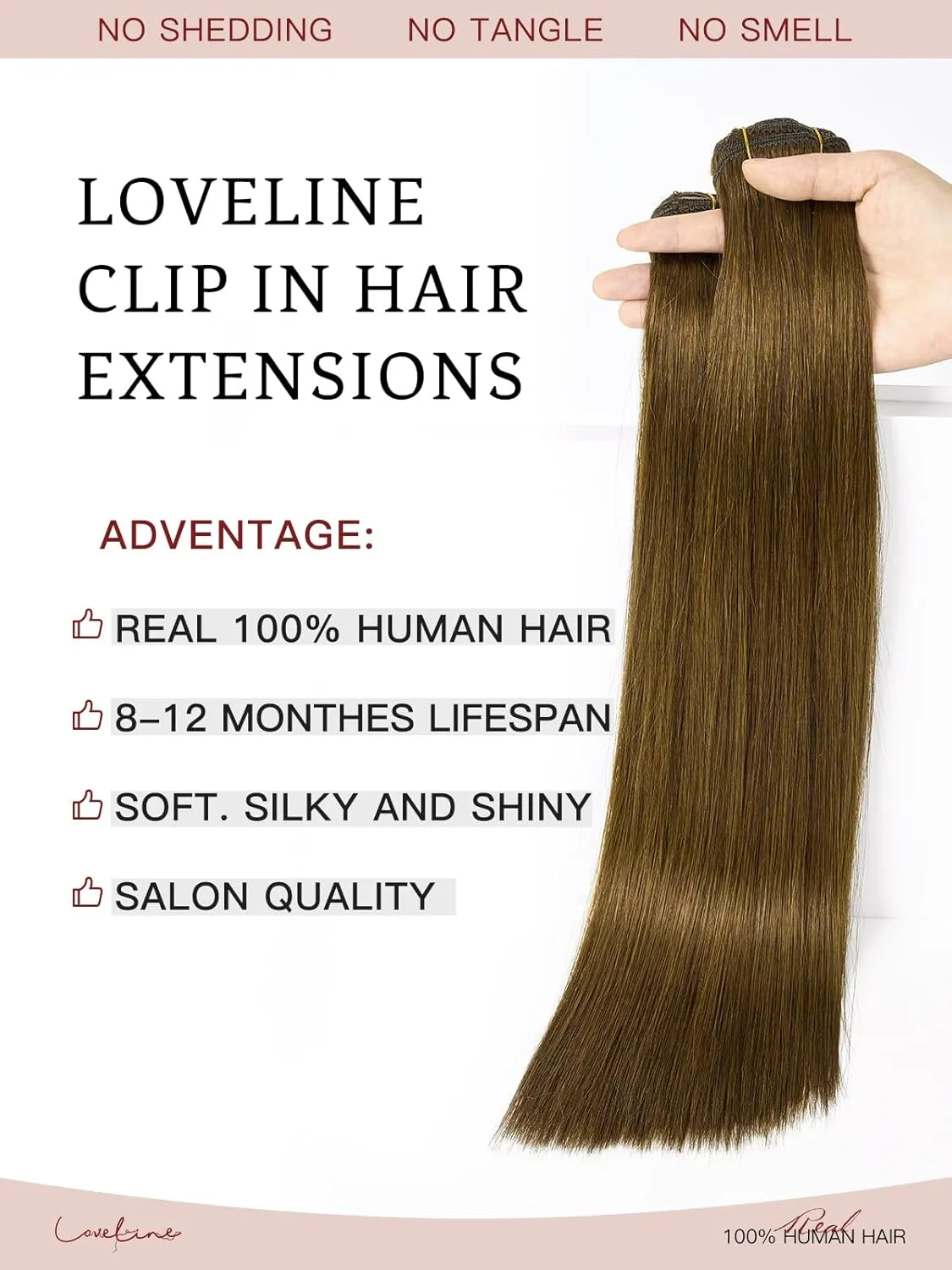 LOVELINE Clip in Hair Extensions Real Human Hair, 100% Remy Human Hair Extensions Clip Ins for Women, 7Pcs 20Inch 120g, Chocolate Brown