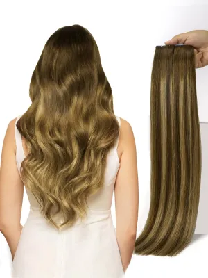 LOVELINE Tape in Hair Extensions Human Hair, Balayage Chocolate Brown to Caramel Blonde, 14 Inch 20pcs 40g, Skin Weft Seamless Invisible, Soft and Thick Luxury Remy Human Hair Extensions