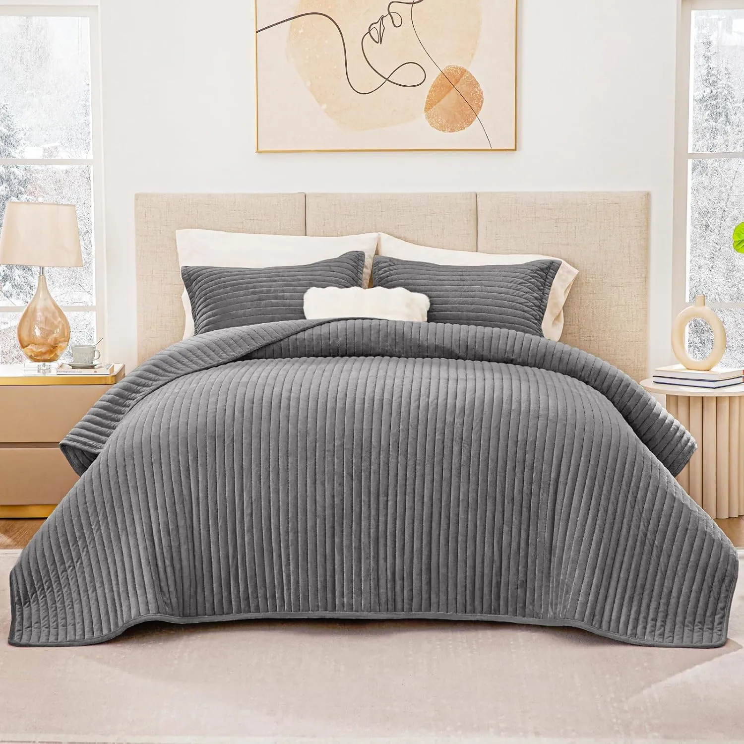 Love's cabin Velvet Quilts for Queen Bedspreads Bedding Set - Luxury Velvet Quilt Lightweight Bedspread - Striped Pattern Comforter Coverlet for All Season - Grey, 3 Piece (1 Quilt, 2 Pillow Shams)