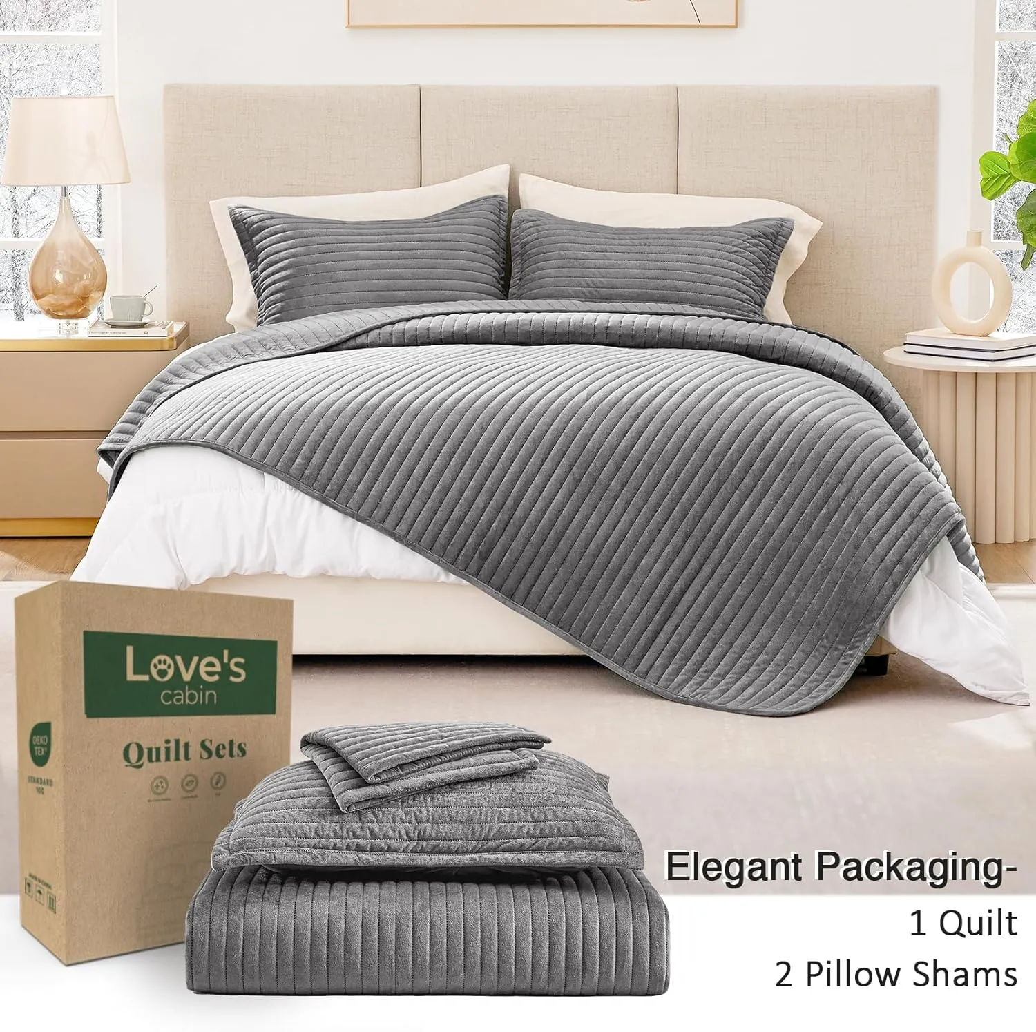 Love's cabin Velvet Quilts for Queen Bedspreads Bedding Set - Luxury Velvet Quilt Lightweight Bedspread - Striped Pattern Comforter Coverlet for All Season - Grey, 3 Piece (1 Quilt, 2 Pillow Shams)