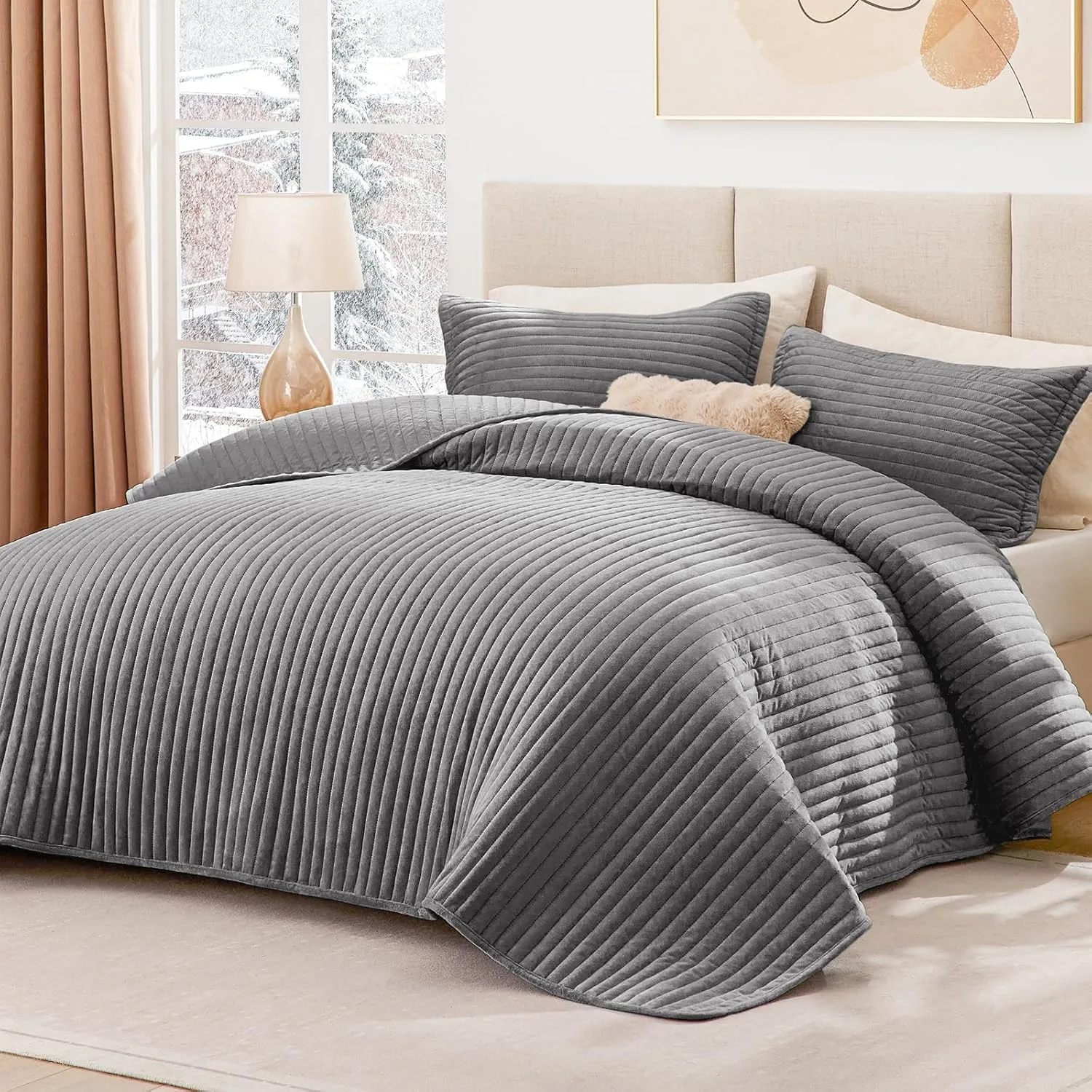 Love's cabin Velvet Quilts for Queen Bedspreads Bedding Set - Luxury Velvet Quilt Lightweight Bedspread - Striped Pattern Comforter Coverlet for All Season - Grey, 3 Piece (1 Quilt, 2 Pillow Shams)