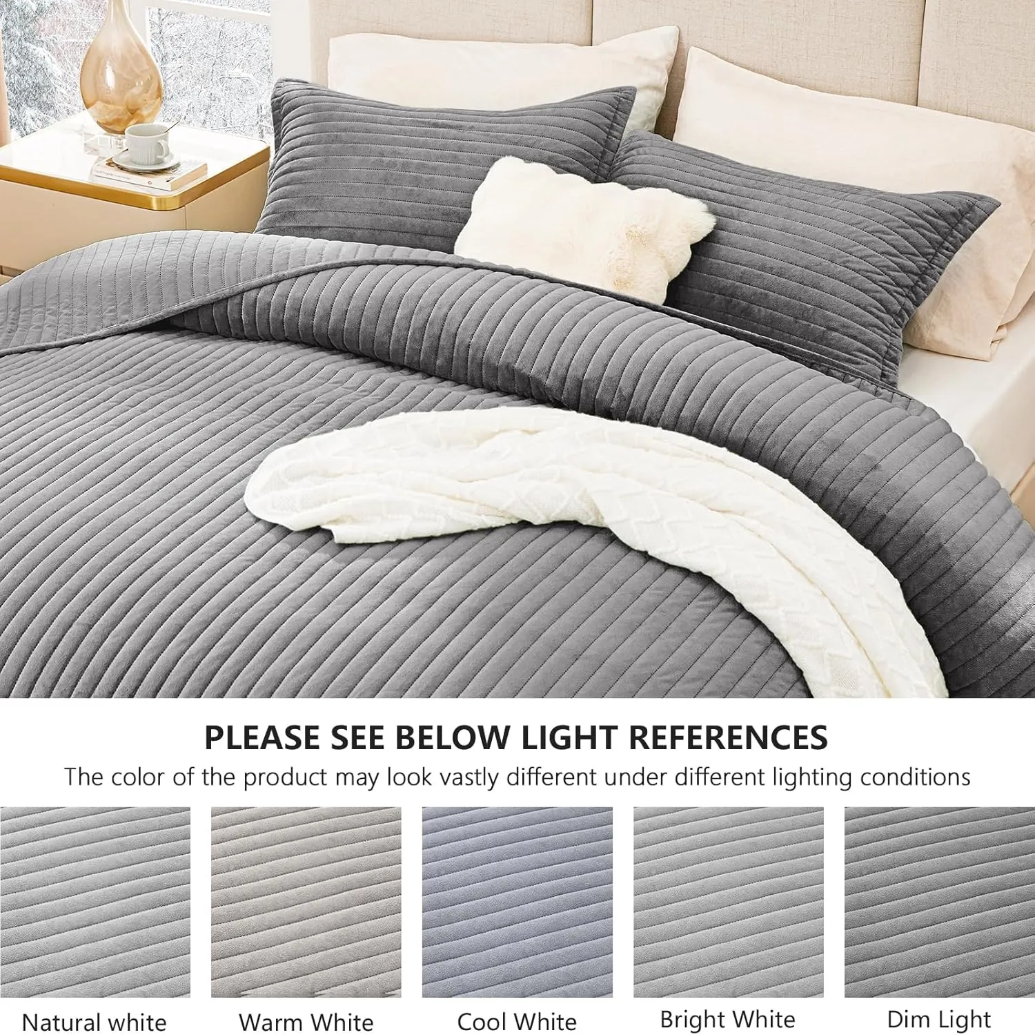 Love's cabin Velvet Quilts for Queen Bedspreads Bedding Set - Luxury Velvet Quilt Lightweight Bedspread - Striped Pattern Comforter Coverlet for All Season - Grey, 3 Piece (1 Quilt, 2 Pillow Shams)