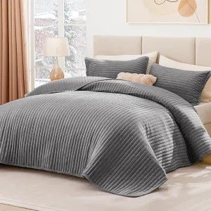 Love's cabin Velvet Quilts for Queen Bedspreads Bedding Set - Luxury Velvet Quilt Lightweight Bedspread - Striped Pattern Comforter Coverlet for All Season - Grey, 3 Piece (1 Quilt, 2 Pillow Shams)