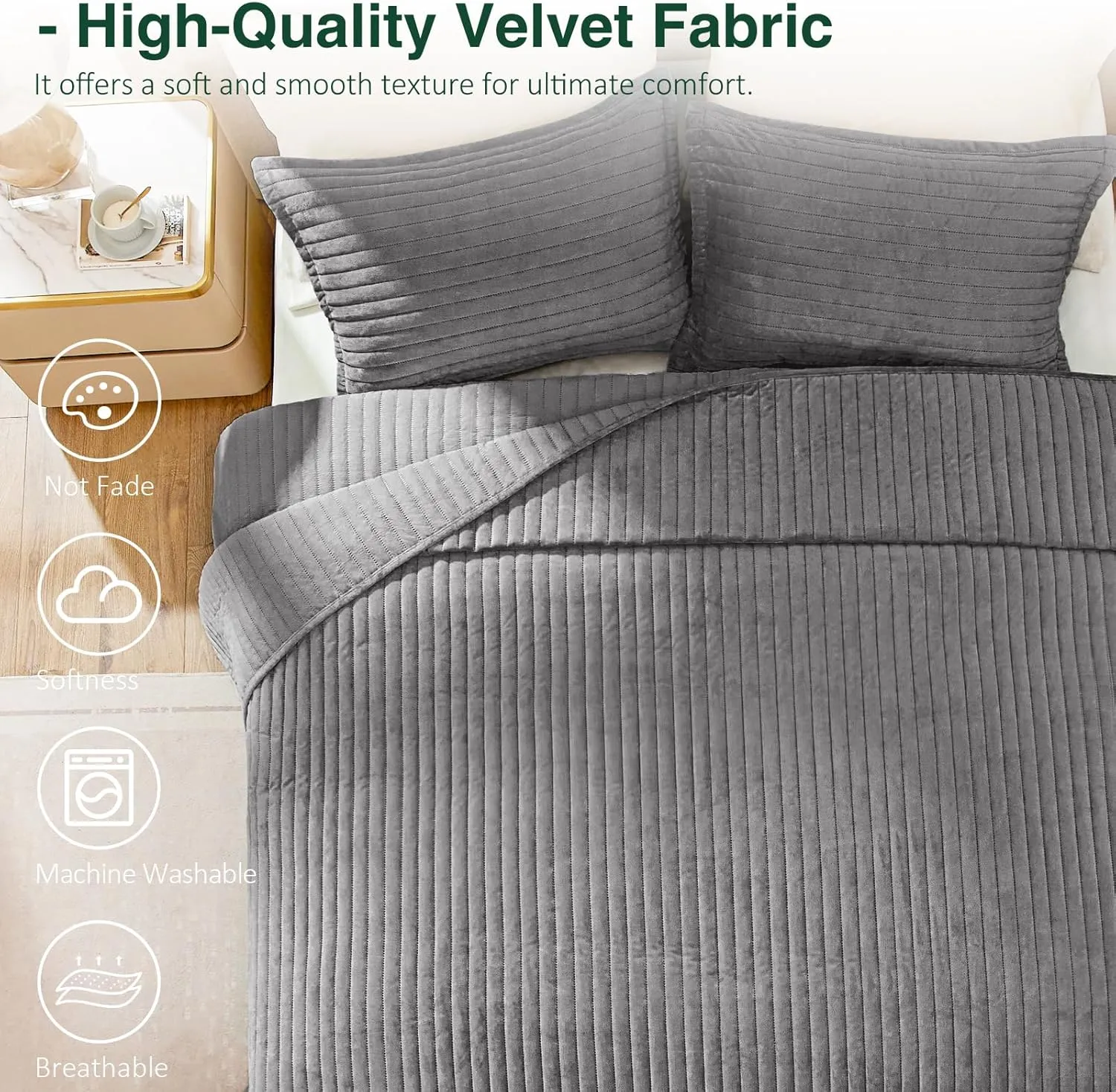 Love's cabin Velvet Quilts for Queen Bedspreads Bedding Set - Luxury Velvet Quilt Lightweight Bedspread - Striped Pattern Comforter Coverlet for All Season - Grey, 3 Piece (1 Quilt, 2 Pillow Shams)